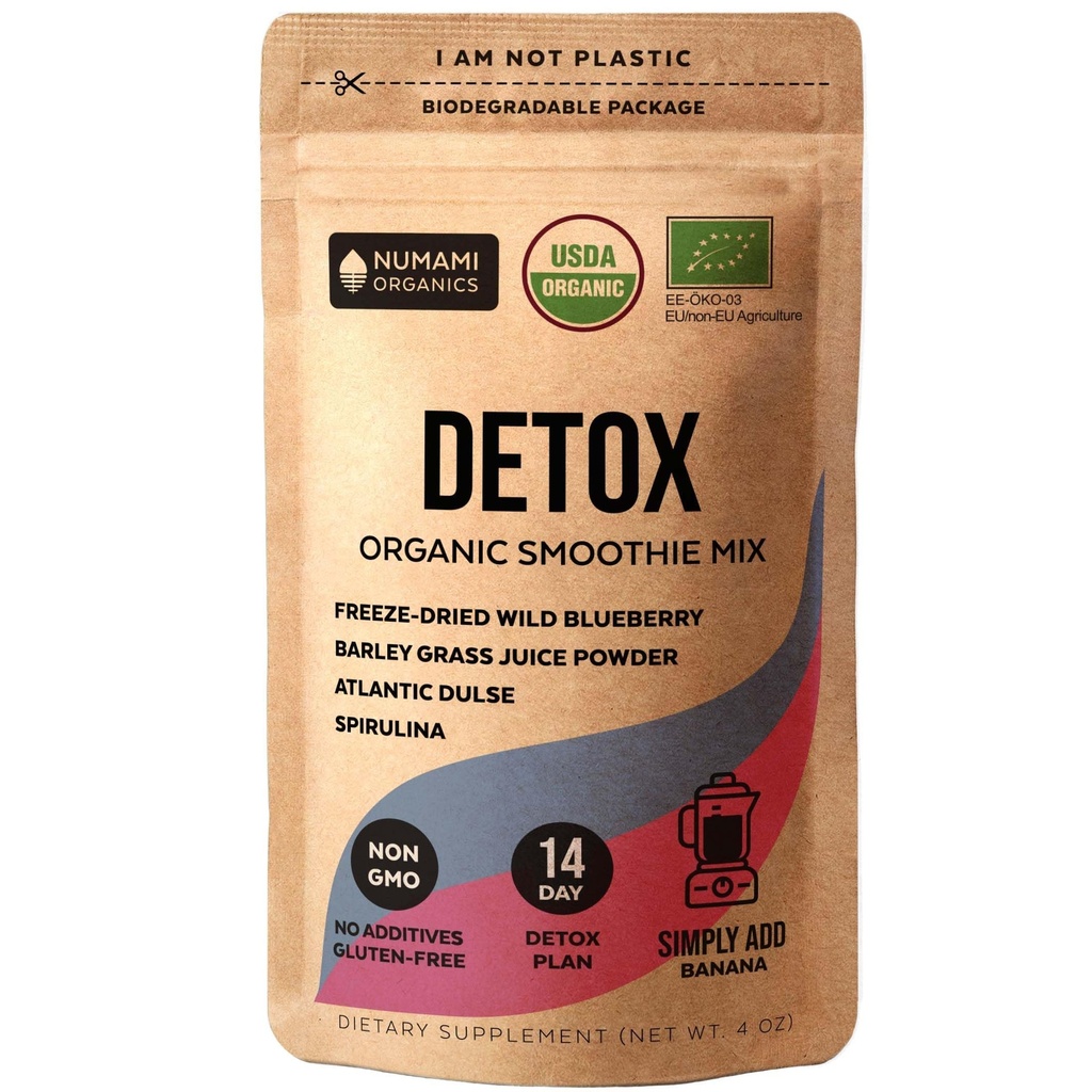 Numami Organic Detox Blueberry Smoothie pulver med sunn Spirulina, Atlantisk Dulse og Barley Grass Juice pulver, Premium kvalitet supermat fra Europa