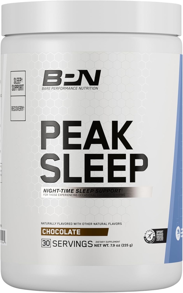 BARE PERFORMANCE NUTRITION, BPN Peak Sleep Night-Time sovestøtte Supplement, Hot Drink Mix Powder, 30 serveringer, sjokolade