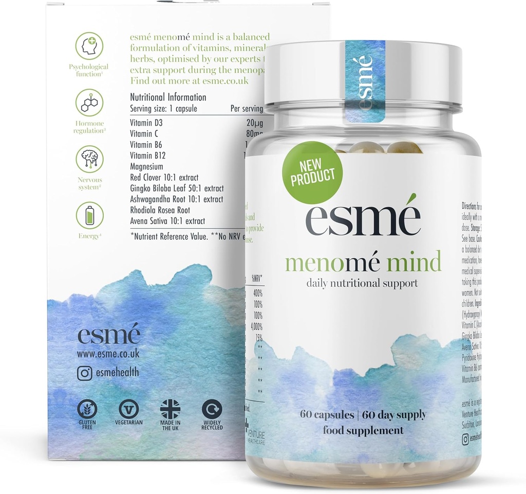 esmé menomé Mind - daglig ernæringsstøtte før, under og etter Menopause - to måneders levering av 60 kapsler, inneholder ashwagandha og Gingko biloba