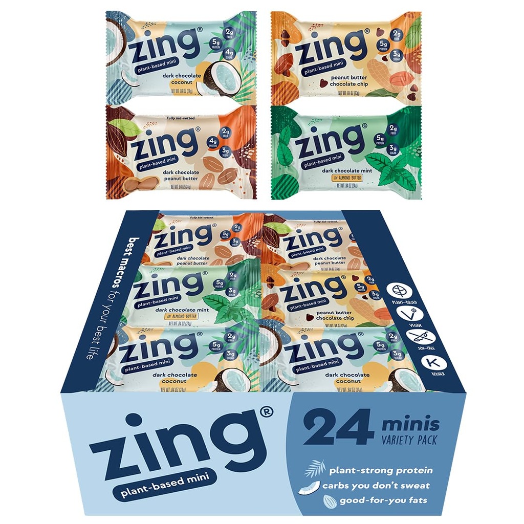 Zing Kids Protein Bars Variety Pack, Glutenfri 100 Kalorie Mini Bars med høyt protein, Vegan ernæring barer, Dairy Free Plant Based Protein - 24 tell
