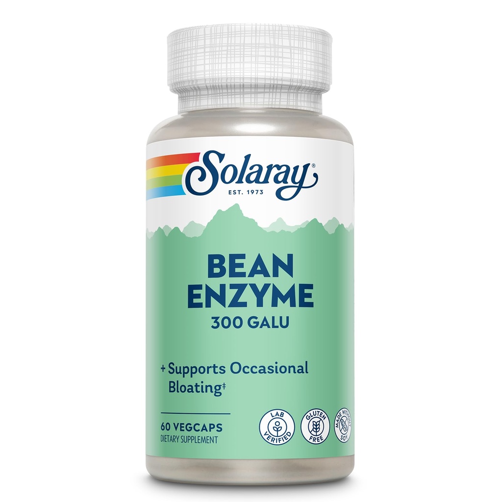 SOLARAY Bean Enzyme 300 GalU - Alpha Galactosidase Digestive Enzymer for kvinner og menn - Digestive helsetilskudd - Støtter anledninger og gass lindring for voksne - 60 Services, 60 Vegkaps