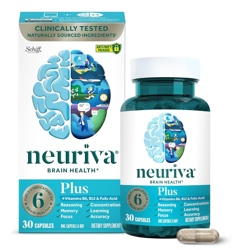 NEURIVA Plus Brain Supplement for minne, fokus og konsentrasjon + Kognitiv funksjon med klinisk testet nootropics Fosfatidylserin og nevrofaktor, vitaminer B6 & B12, 30 Count Capsules
