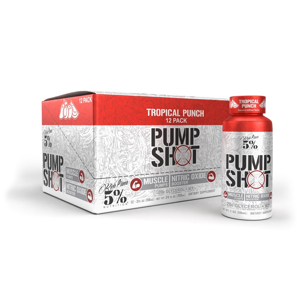 5% Ernæring Rich Piana Pump Shot flytende glycerol nitric oksid Booster, Stim gratis pre trening | 20 000 mg med S7 | pumper, Hydration | Fruit Punch Flavor (12 Pack Caddy)