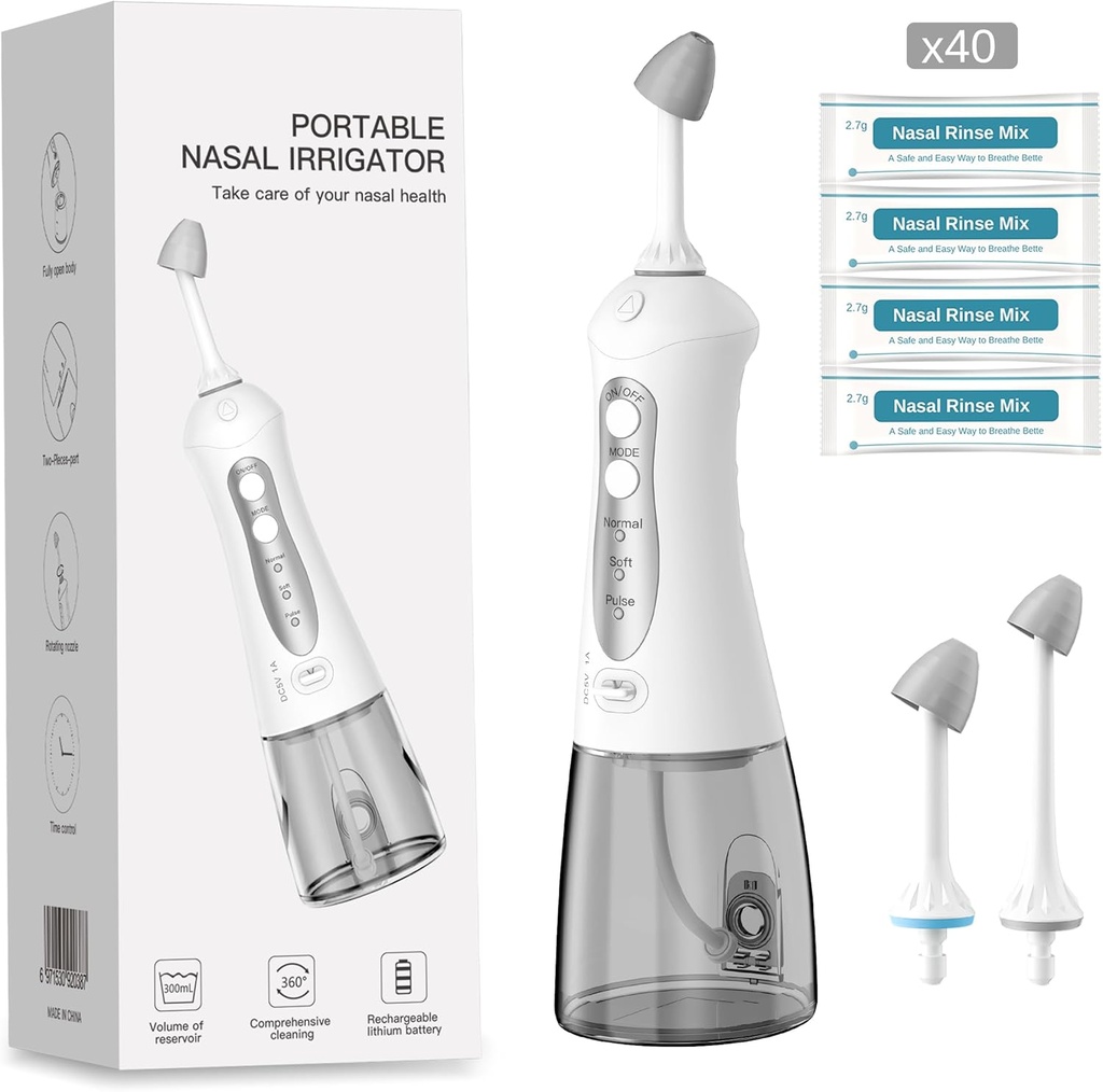 lykkesin smil Nasal irrigasjonssystem, Nasal rengjøring maskin for sinus relief, 3 trykk Sinus rens IPX7 Vanntett Automatisk Neti Pot med 40 saltpakker, 300ML stor tank for reise og hjem