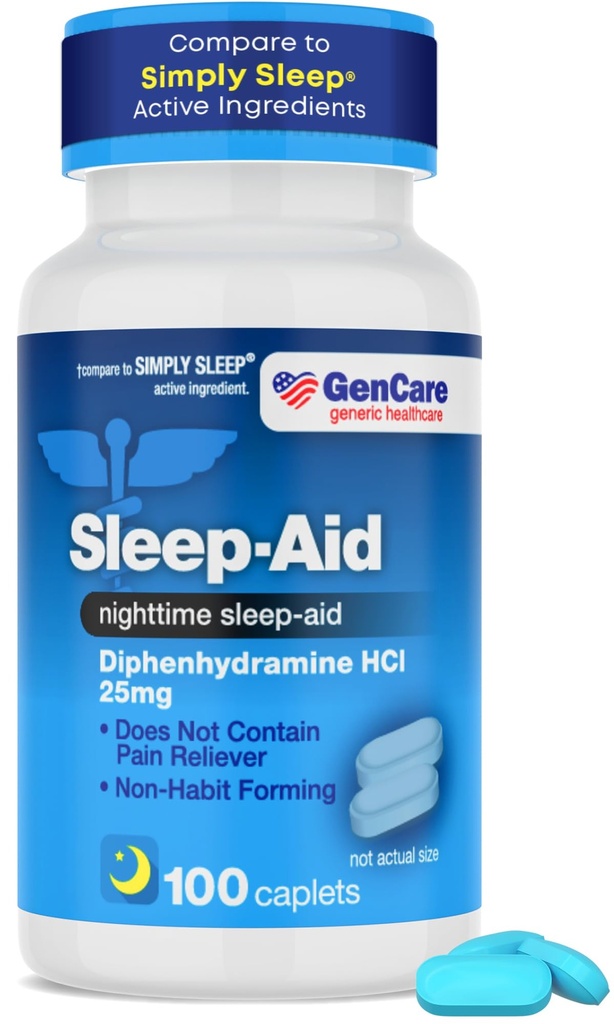 GenCare - Sleep Aid Diphenhydramine HCL 25mg Blå Caps (100 Caplets) - Ikke Habit Forming Natt søvn piller for voksne å falle sove raskere og søvn dypere gjennom natten - søvnhjelp