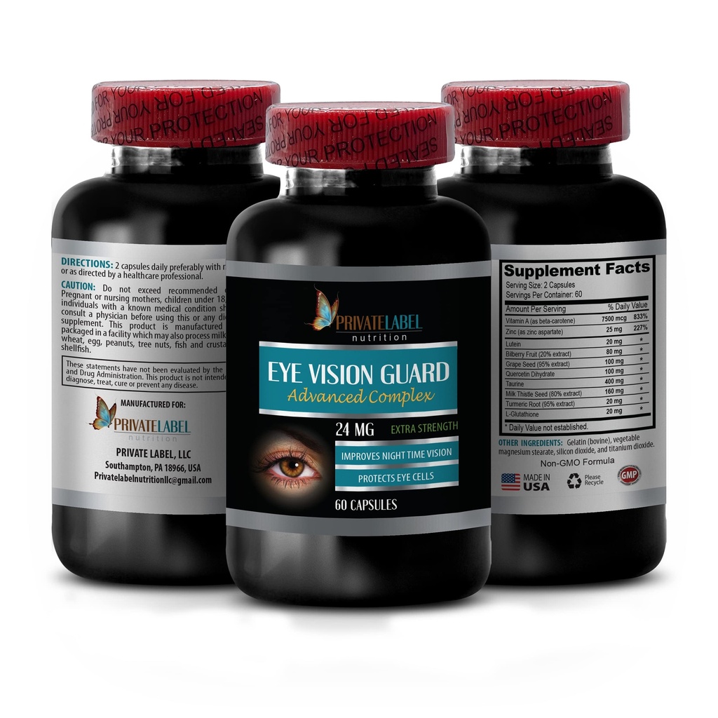 Visjon vitaminer med lutein - Eye Vision Guard 24 MG - Avansert kompleks, Eye Vision Support, Lutein Supplements, Vitamin A Supplement, Turmeric Extract, Bilbær Ekstrakt, Taurin, 1 Bot 60 Kapsler