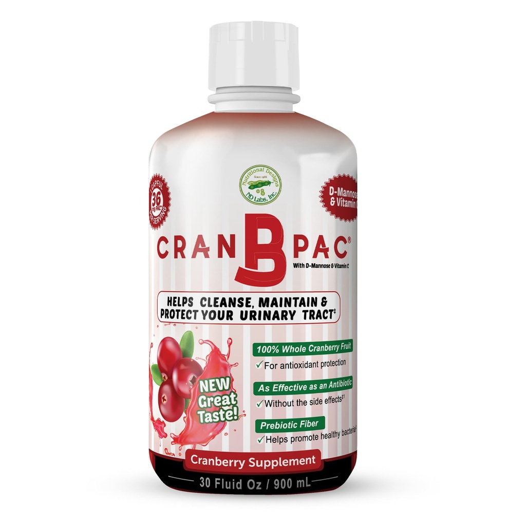 Ernæringsdesign Cran-B-PAC Cranberry Supplement, UTI Forebygging, urinveistraktur helse for kvinner Cranberry Konsentrert væske med vitaminer, naturlig og ikke GMO, 36 mg PAC Per oz, 30 Oz Flaske