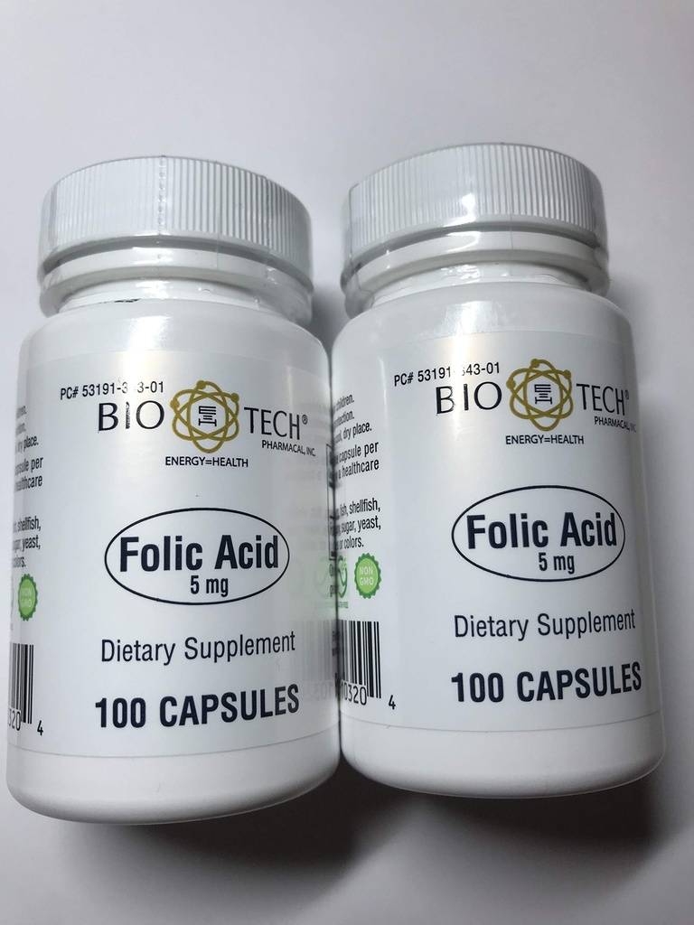 Folinsyre 5 mg - BioTech Pharmacal - 100 kapsler - Pakke med 2