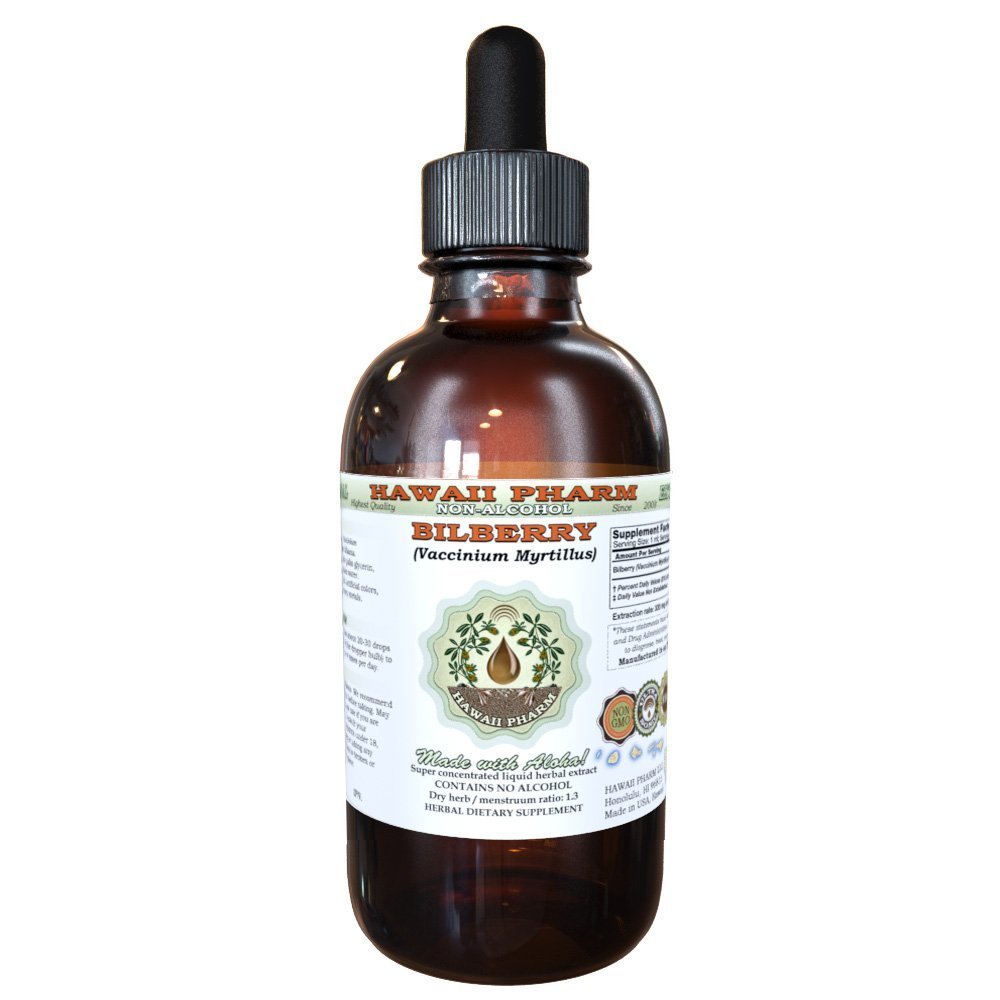 Bilbær alkohol-fri flytende ekstrakt, organiske bilbær (Vaccinium myrtillus) tørket leaf glykeritt Hawaii Pharm naturlig urte Supplement 2 oz