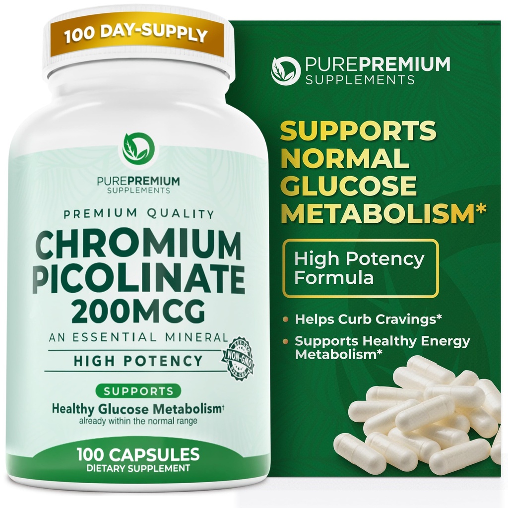 PurePremium Chromium Picolinat 200mcg - høy potens kromium kosttilskudd - essensiell Mineral helse støtte for menn / kvinner - Glutenfri - 3 måneders forsyning - 100 kapsler