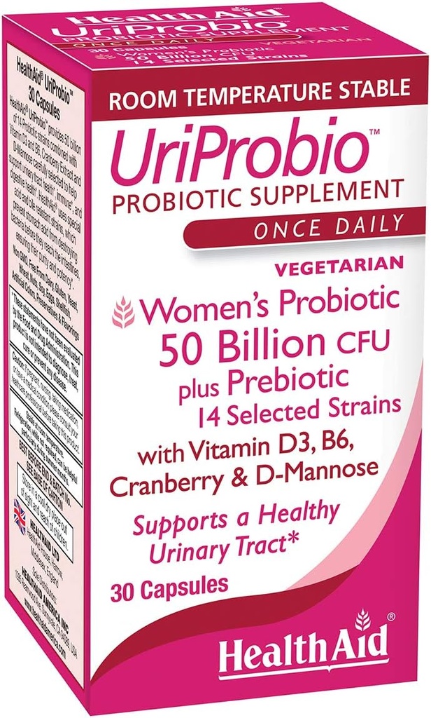 HealthAid UriProbio – 50 milliarder CFU kvinners probiotikum med prebiotiske, tranebær, D-Mannose, vitamin D3 & B6 | støtter urinertraksjon og digestiv wellness, syre og bil resistent, Vegan