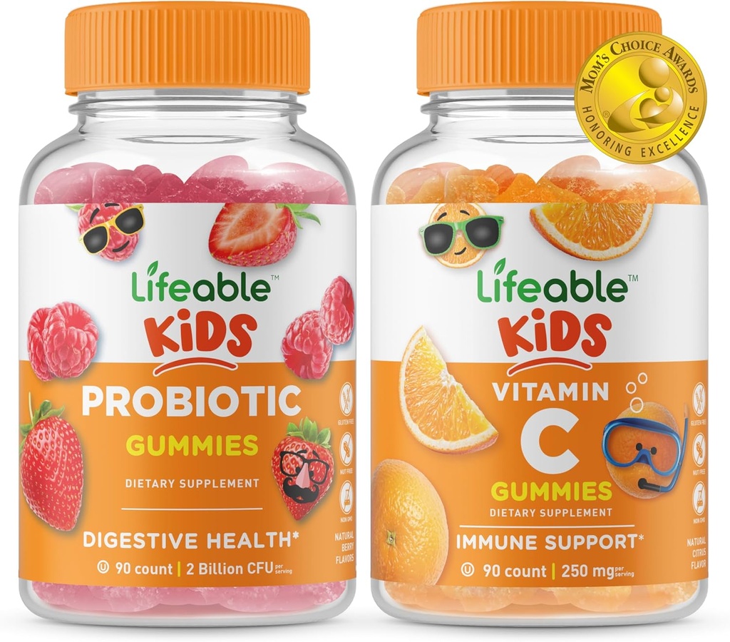 Livbar Probiotic 2 Million CFU Kids + vitamin C Kids, Gummier Bundle - Great Tasting, vitamin Supplement, Glutenfri, GMO Gratis, Chewable Gummy