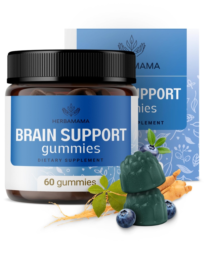 HERBAMAMA Brain Support Gummies – Brain Focus Kosttilskudd for voksne med Ashwagandha, Bacopa Monnieri, Vitamin C & B12 – Vegansk, ikke-GMO beroligende gummi – 60 Pektin-basert Blåbær-Flavored Chews