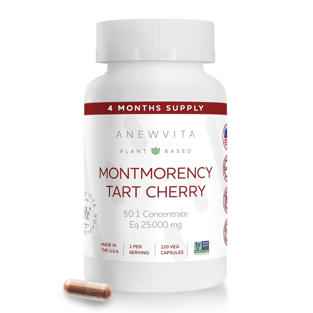 Montmorens Tart Cherry, Non GMO, Capsules - CherryPure 50:1 Konsentrate ekv. 25 000 mg - Antioksidanter og flavonoider, Tart Cherry Extract for Guut & Muskler - 120 Veggie Capsules - 4 måneders forsyning