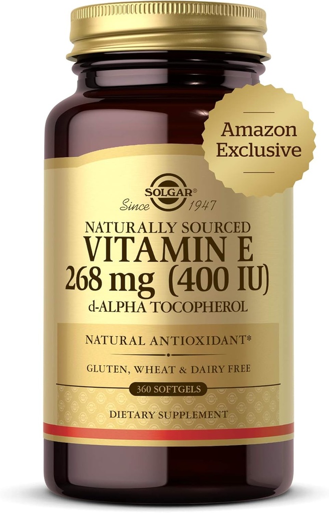 Solgar Vitamin E 268 mg (400 IU), 360 Alpha Softgels - Naturlig Antioksidant, Hud og Immunsystem Støtte - Naturlig kildet vitamin E - Glutenfri, Dairy Free - 360 Serveringer