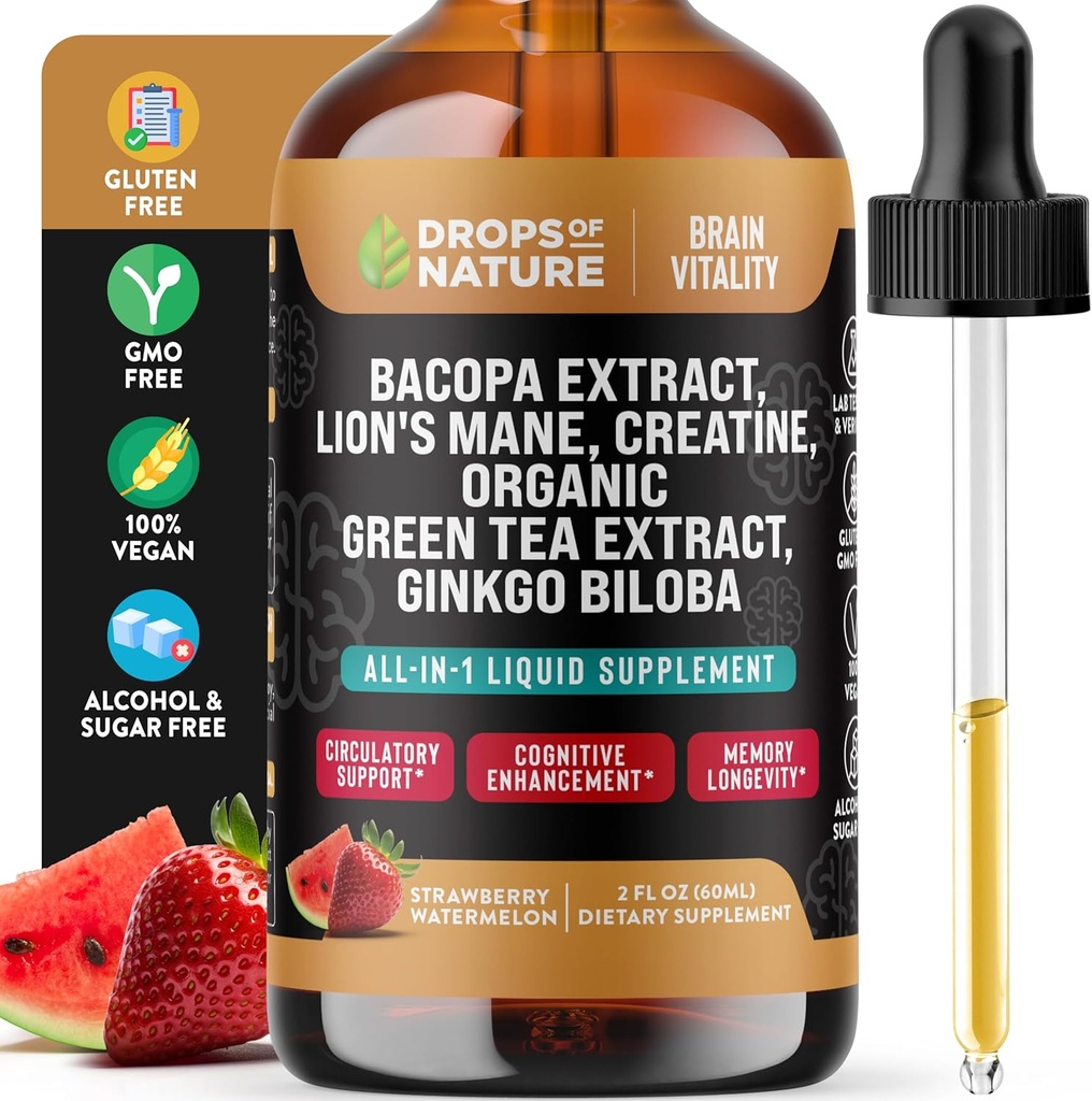 Kreatin & Bacopa flytende dråper med Lions Mane, Grønn Te & Ginkgo Biloba - raskere absorberende blanding enn Gummies & Piller - Vegansk Supplement for forbedret fokus og kognisjon (Strawberry Watermelon, 60ml)