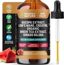 Kreatin & Bacopa flytende dråper med Lions Mane, Grønn Te & Ginkgo Biloba - raskere absorberende blanding enn Gummies & Piller - Vegansk Supplement for forbedret fokus og kognisjon (Strawberry Watermelon, 60ml)