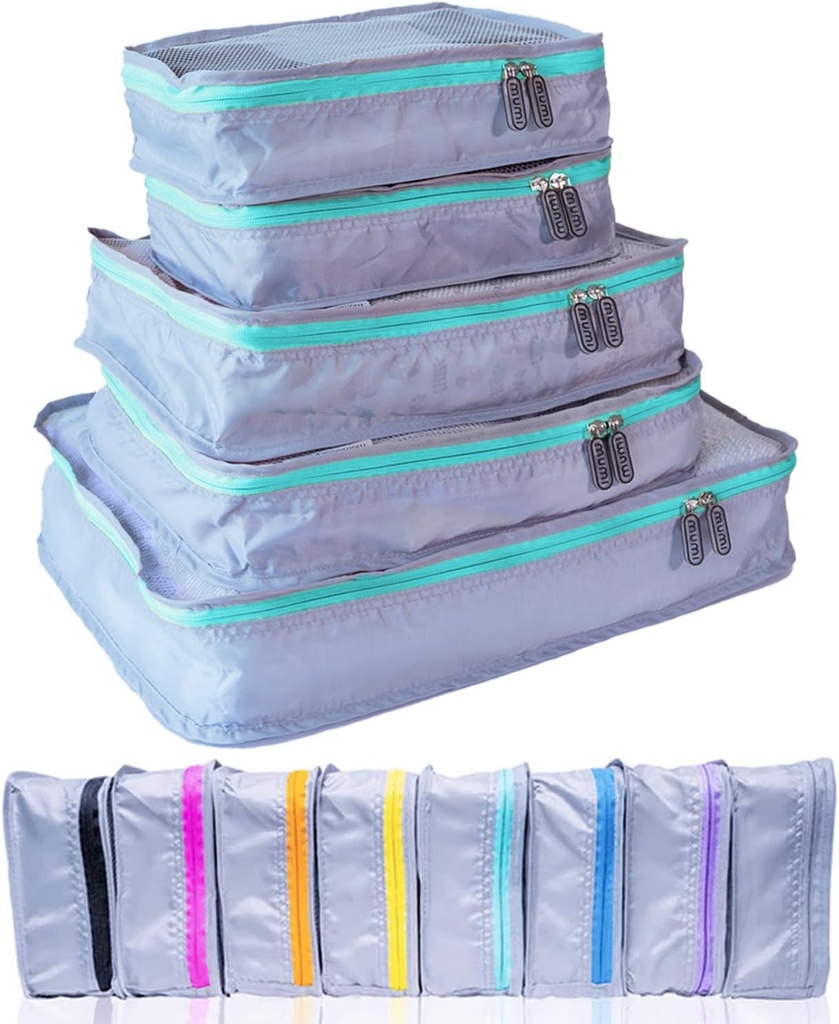 MUMI Packing Cubes – 5-Piece komprimering pakke kuber for reise, Bagasje Arrangører for tilbehør, bære-på poser, ryggsekker og Duffel poser – Space-Saving Travel Essentials - Aqua