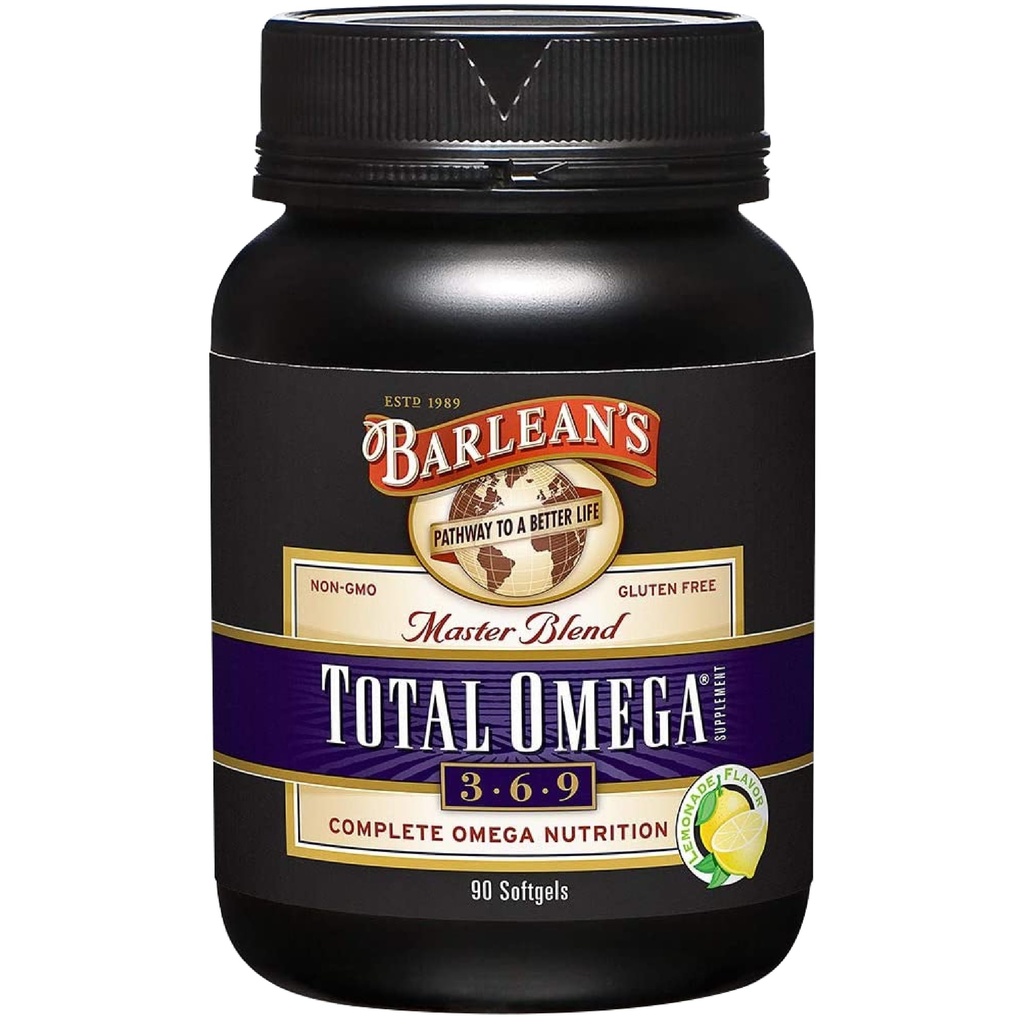 Barleans totale Omega 3 6 9 Softgels, blandet fiskeoljesupplement med bore- og flaksolje, 1000 mg Omegas ALA, EPA, DHA og GLA for felles støttesupplementer og hjertehelse, 90 teller