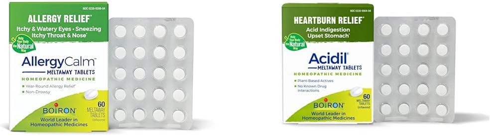 Boiron Allergi og syre Reflux Relief Bundle med AllergyCalm Tabletter (60 greve) og Acidil for syre Reflux og indiesjon (60 greve)