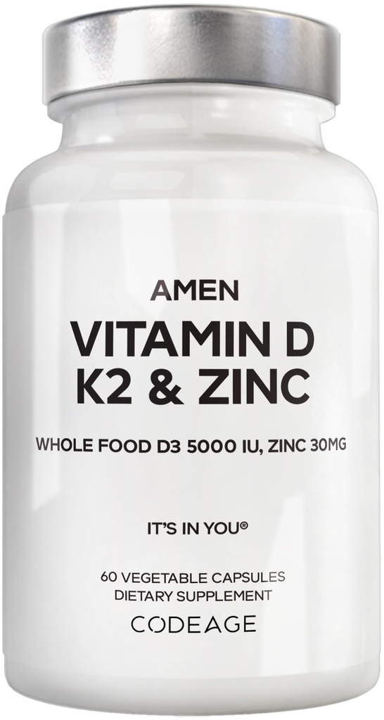 Amen Vitamin D, K2 & Sink, Kolekalciferol D3 5000 IU, organisk hele matblanding med Apple, Blåbær, Cranberry, Elderbær pulverfrukter, Vegansk Supplement, D3 K2 vitaminer, Ikke-GMO - 60 kapsler