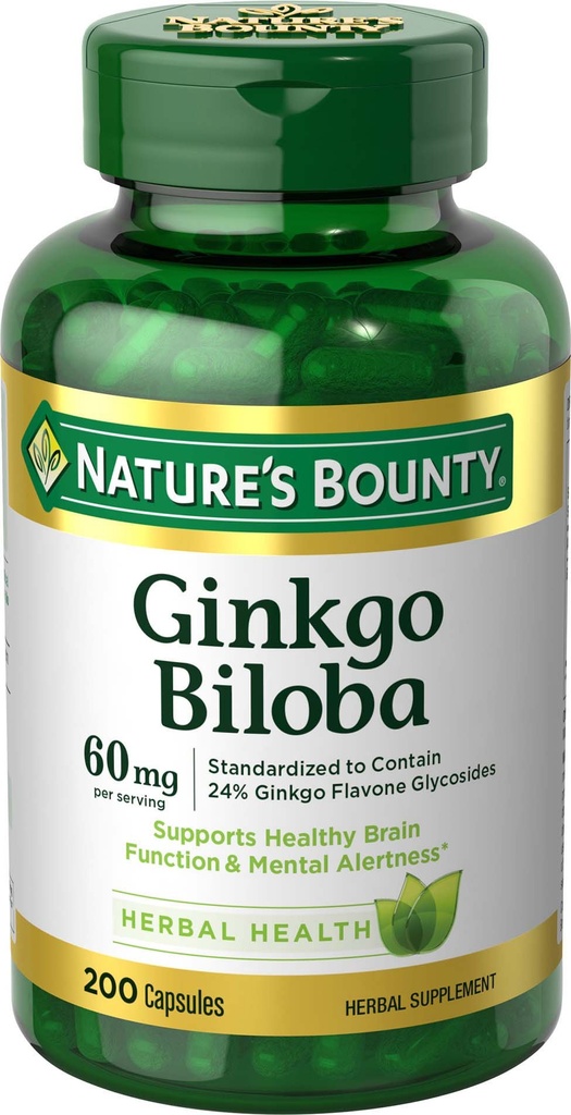 Naturens Bounty Ginkgo Biloba, støtter sunn hjernefunksjon, Herbal Supplement, 60 Mg, 200 kapsler