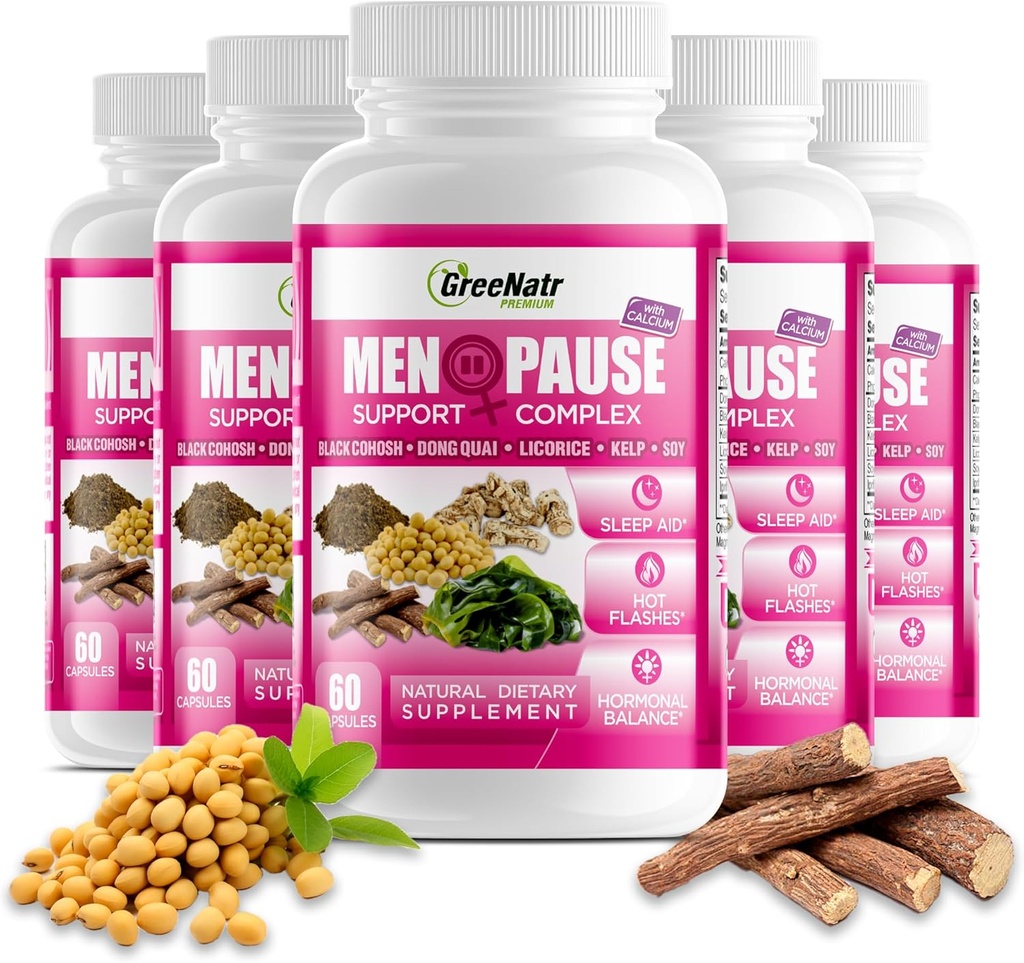 GreeNatr Herbal Menopause støttekompleks for varme blits, nattesvitser og Mood Swings Relief. Fremmer balansert hormon nivå - svart cohosh, Dong Quai, lakris rot & Kelp blader (6 flasker)