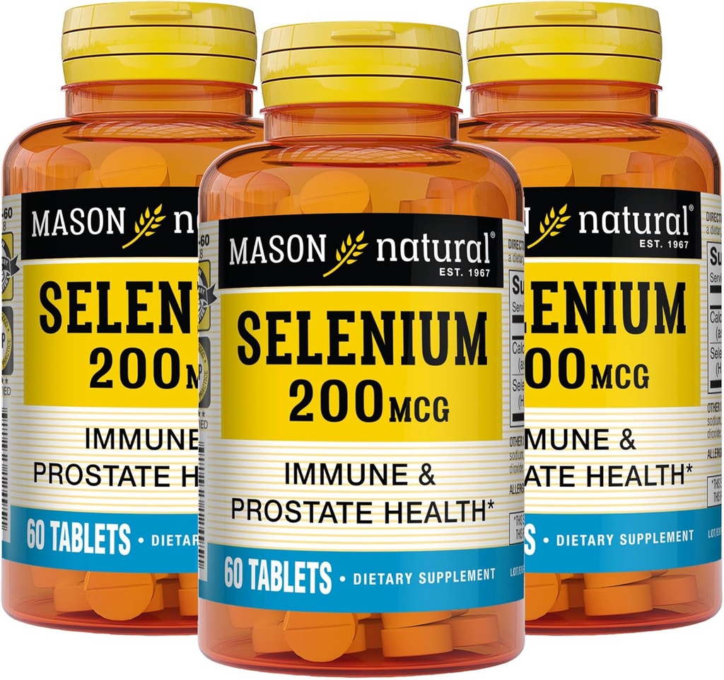 MASON NATURAL Selen 200 mikrog - Antioksidant Supplement for immunstøtte og prostata helse, essensiell spor Mineral, 60 tabletter (pakke av 3)