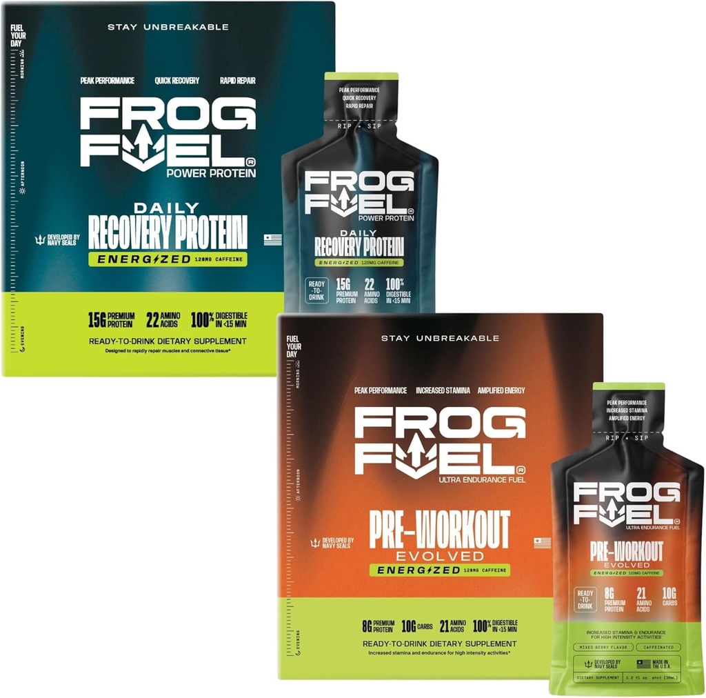 Frog brensel Power Energized Protein & Ultra Energized Pre Workout Shot Bundle, 1500mg Beta Alanine, 15g Protein Nano-hydrolysert Grass Fed Collage, Pre & Post Trening, 1,2 oz Packets, 48 Pack
