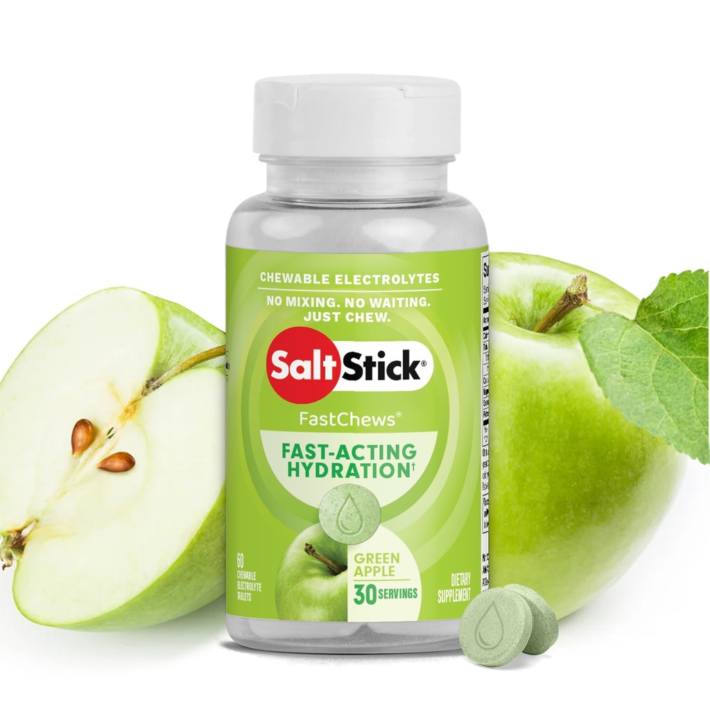 SaltStick Electrolyte FastChews - 60 Grønn Apple Chewable Electrolytes - Salt Tabletter for løping og hydrering, Electrolyte Chews - 60 greve