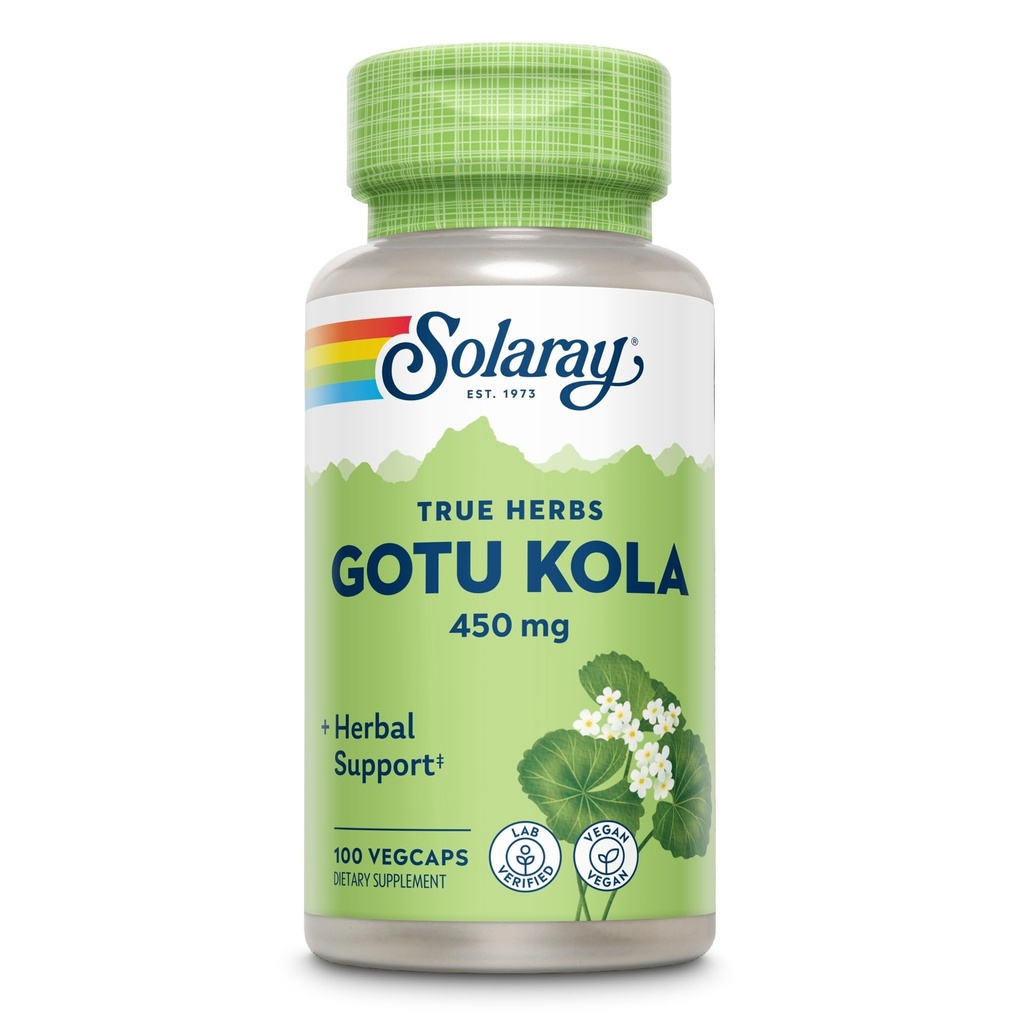 SOLARAY Gotu Kola 450mg - Centella Asiatica Herbal Kosttilskudd - Gotu Kola Kapsler laget med hele luften for kraftig velvære støtte - Vegan, ikke-GMO, Lab verifisert, 60-dagers garanti, 100 serveringer