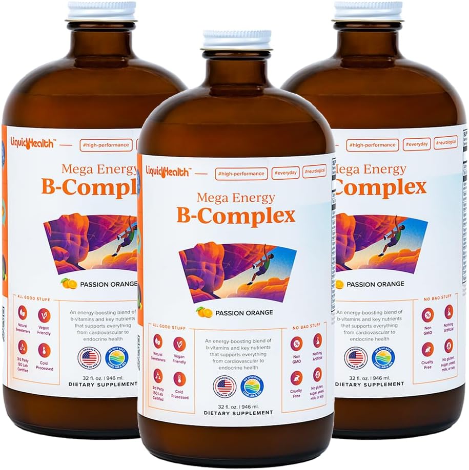 LIQUIDHEALTH Mega Energy Methylated B-Complex, voksen flytende vitamin Supplement - Øk energi, lindre stress og tretthet, immunstøtte, hjerte og gut helse - laget i USA, vegansk, sukkerfri (3 pakke)