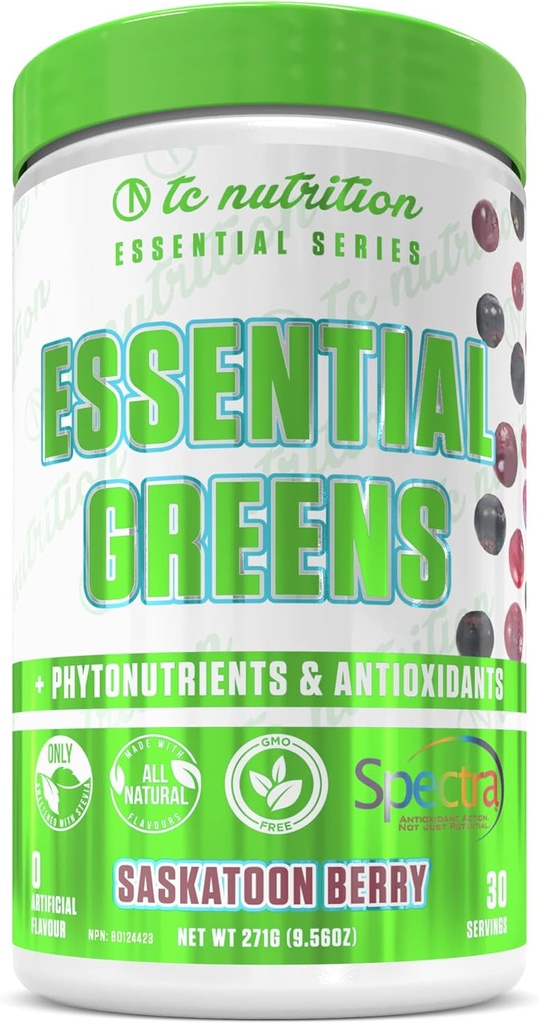 Essential Greens Powder | Optimere Helse + Energi | Spectra, Organic Matcha, Spirulina, Mer | Probiotika & Digestionsstøtte, Antioksidanter | Stevia Sweeted, Saskatoon Berry, 30 Serv, Ikke-GMO, Vegansk