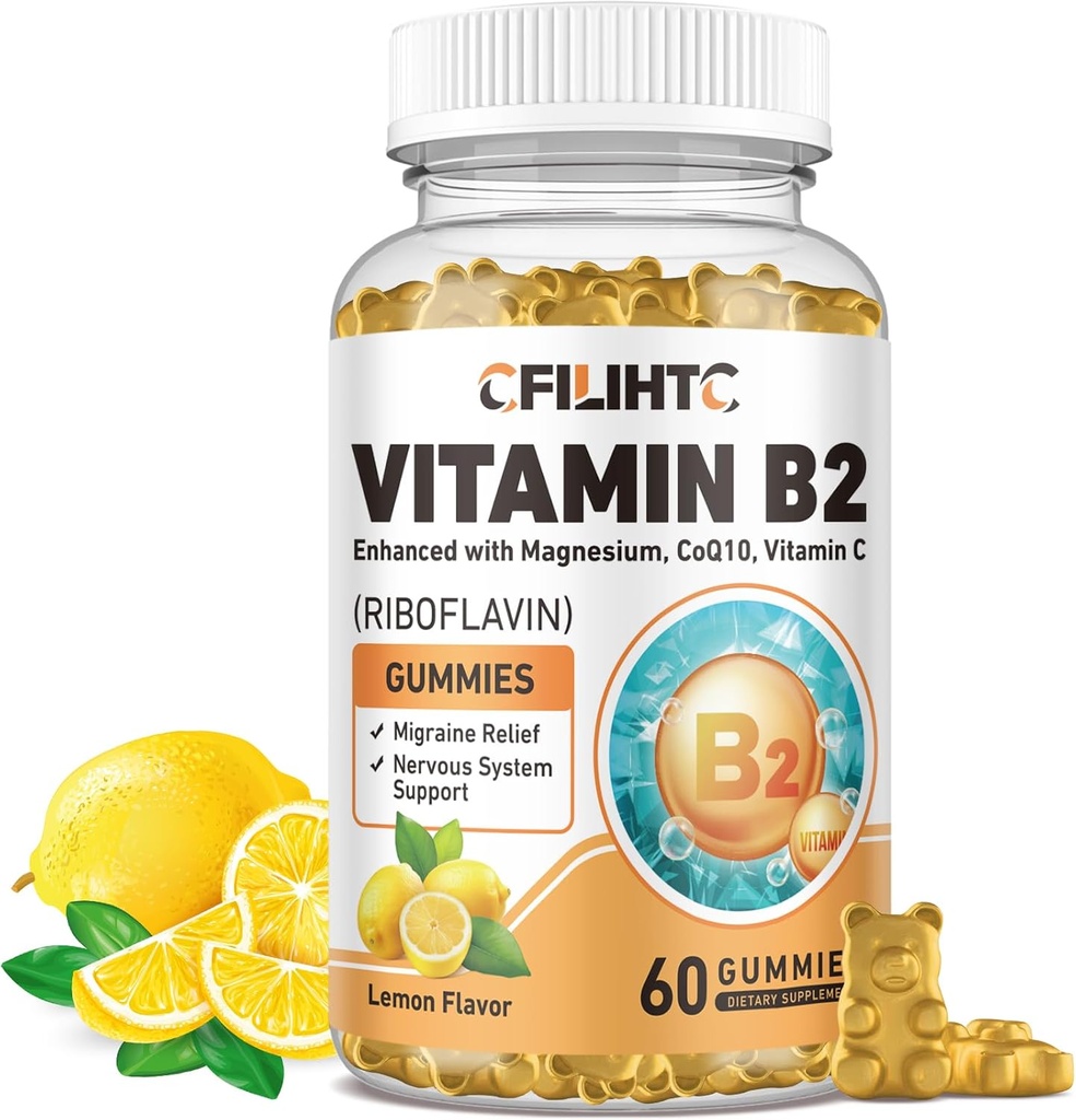 Vitamin B2 Gummies Riboflavin 400mg Supplement for barn og voksne - Magnesium Glykinat, sink, CoQ10, Vitamin B12 - Migrain Relief & Energi, Nervesystem Support, sukkerfri sitronflavor, 60ct