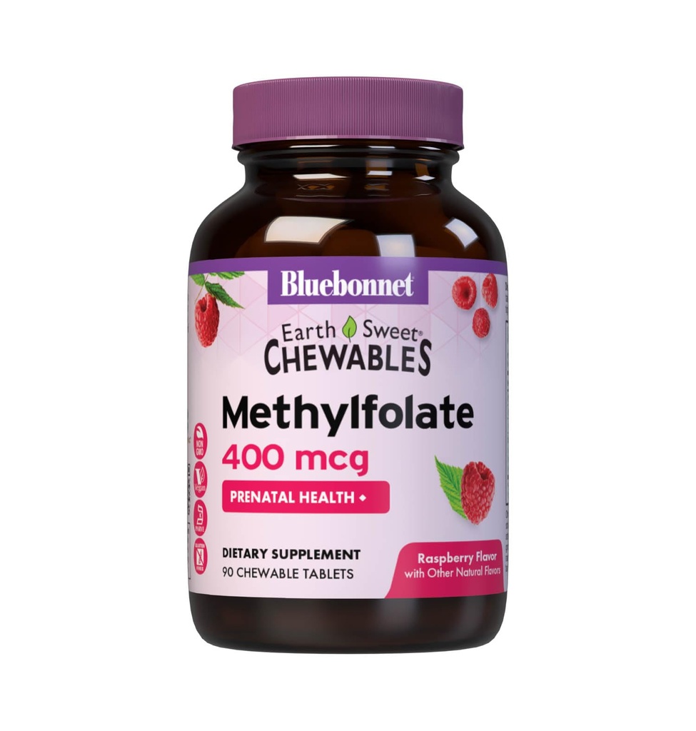 Bluebonnet EarthSweet Metylfolat 400mg Cellular Active Coenzym 5-MTHF L Metyl Folat Supplement - Prenatal & Energi Støtte* - Ikke-GMO, Vegan, Glutenfri - Bringebær - 90 Chewable tabletter