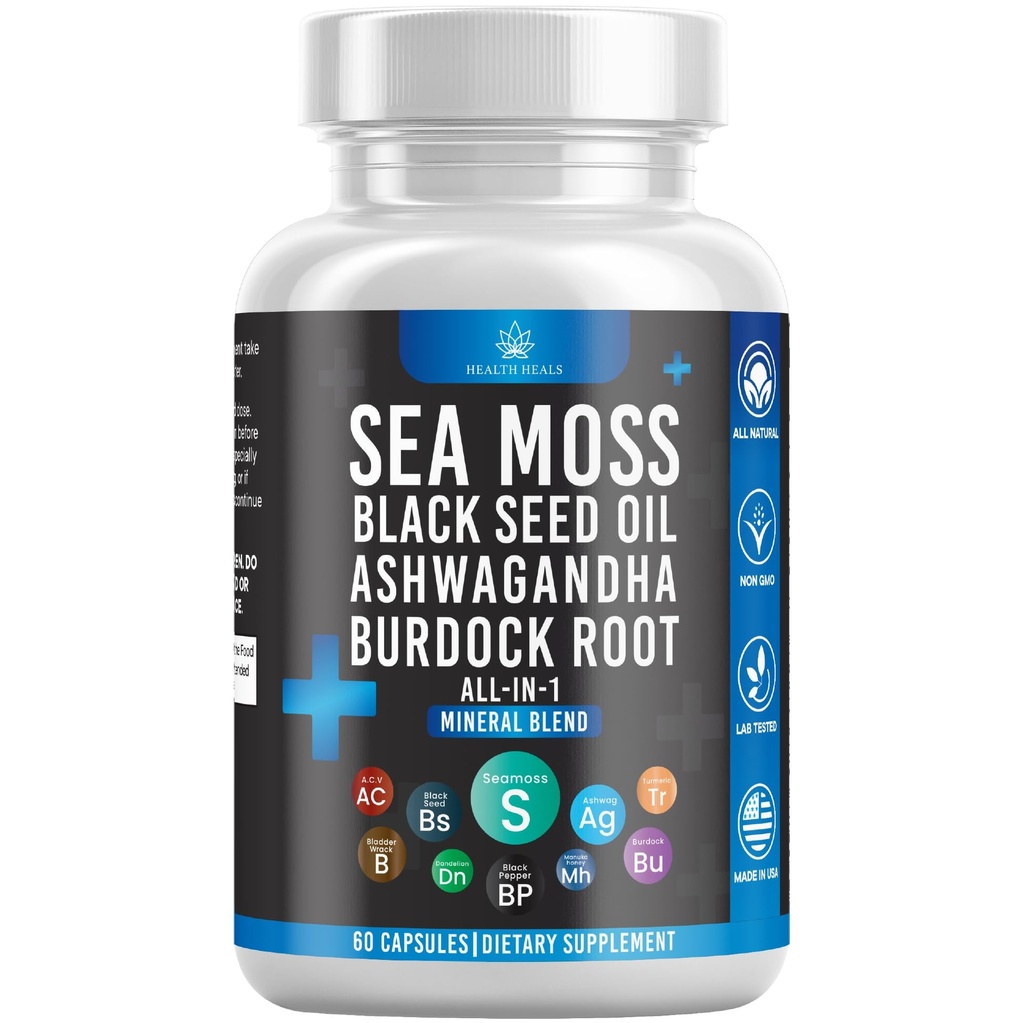 Silicon Sea Moss Svart frøolje Ashwagandha Bladderwrack Burdock - 60 greve