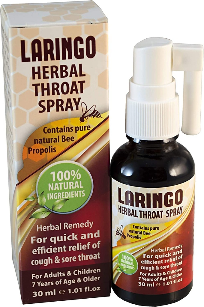 Laringo Throat Spray - Inneholder ren 99% Raw Bee Propolis Extract - 100% naturlig Throat Remedy for voksne og barn - Glutenfri, rask relief. Kosher - 1 FL Oz