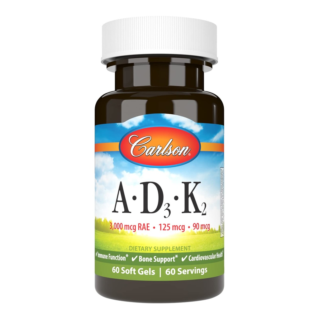 Carlson - Vitaminer A, D3, K2, 3000 mht. RAE Vitamin A, 125 mht. vitamin D3, 90 mht. vitamin K2 som MK-7, beinbygging, kalsiumbruk, 60 mht.