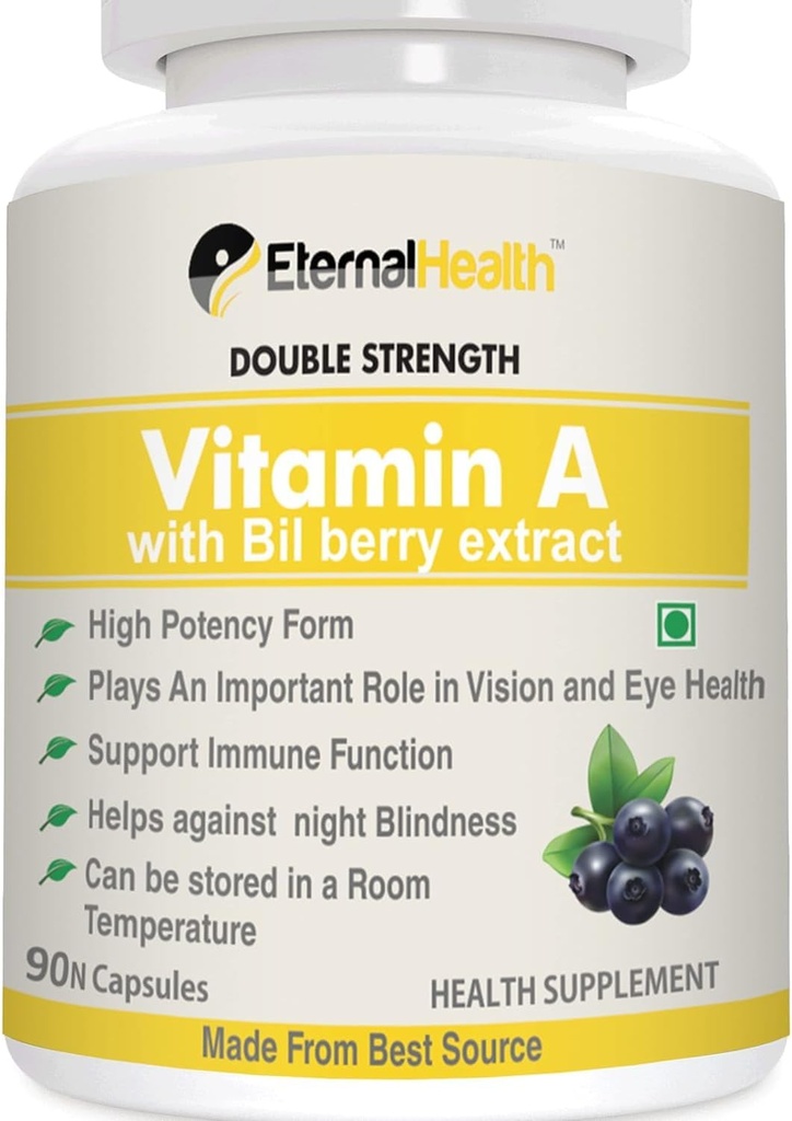 Eterna.l-helse Vitamin A (Dobbel styrke) med bilbærekstrakter og Retinyl Palmitat ekstrakter - høy potensform - støtter sunn visjon og immunsystem og sunn vekst - 90 Vegkapsler