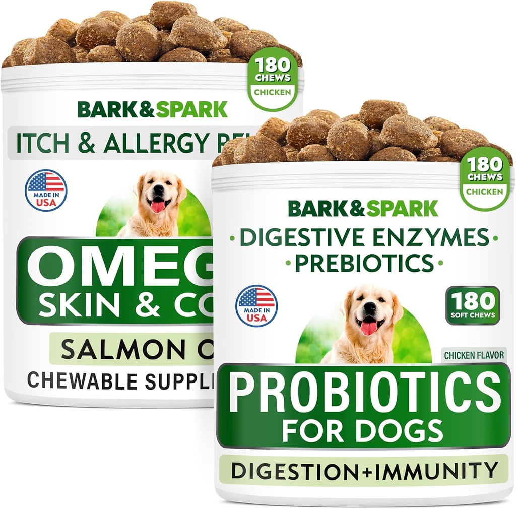 Hundeprobiotika Chews + Omega 3 for hunder Bundle - gass, diarrea, dyspepsi, Upset Mage Relief + Allergi og kløe Relief - Digestive Enzymer + Prebiotika + Omega 3 - Hud og Coat Support