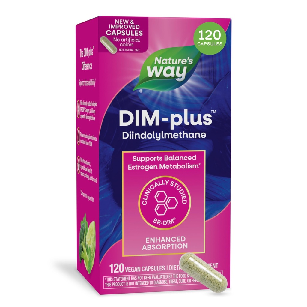 Naturens måte DIM-Plus, DIM Supplement, støtter balansert østrogenmetabolisme*, støtter estrogen hormonbalanse*, Diindolylmetan, 120 vegankapsler