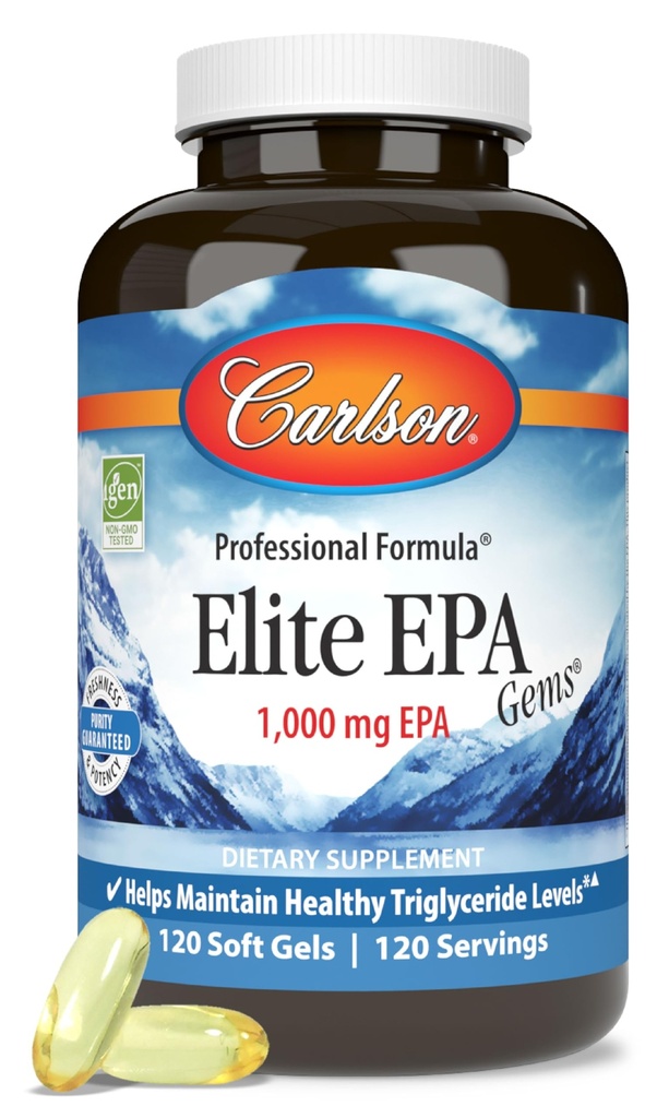Carlson - Elite EPA Gems, 1000 mg EPA Fish Oil, Wild-Caught, Norsk Fish Oil, Sustainly Sourceed, bidrar til å opprettholde sunne triglycerider nivåer, 120 Softgels