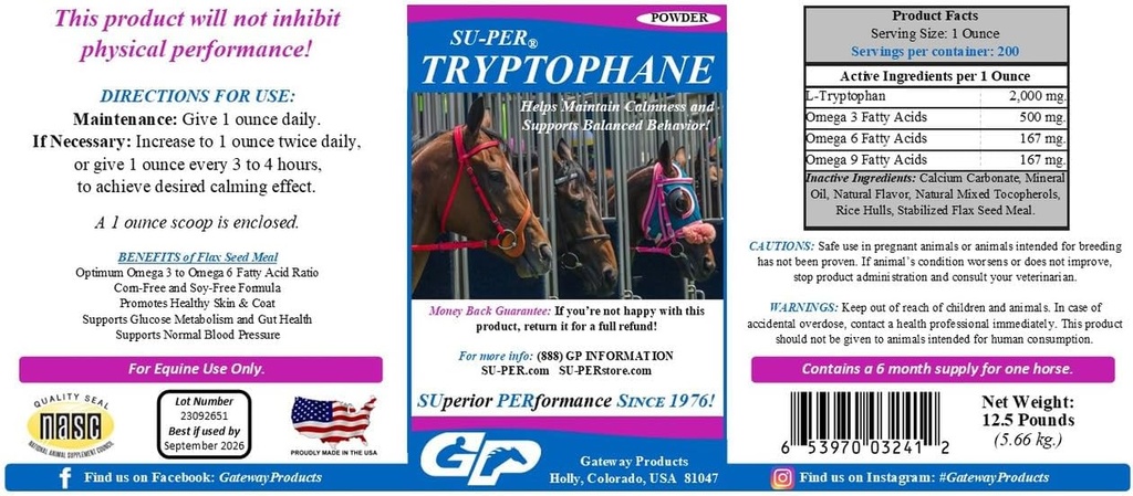 SU-PER Tryptophane Horse Calming Supplement - opprettholde ro og støtte balansert oppførsel - 12,5 pund, 6 måneders forsyning