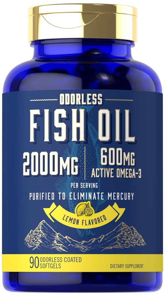 Carlyle Fish Oil 2000mg | 600mg Omega 3 Supplement for menn og kvinner | 90 Odorless Softgels | Lemon Flavored | Ikke-GMO og Glutenfri