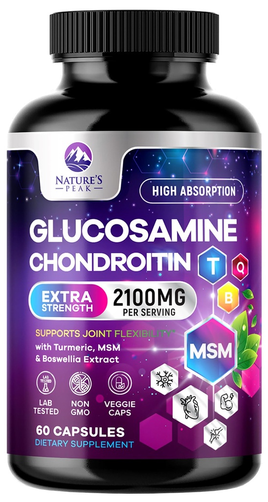 Glucosamine Chondroitin MSM Joint Supplement 2100mg - med glukosaminsulfat, Turmeric, Boswellia, Quercetin & Bromelain - Naturens ekstra styrkefleksibilitet, mobilitet og felles støtte, 60 kapsler