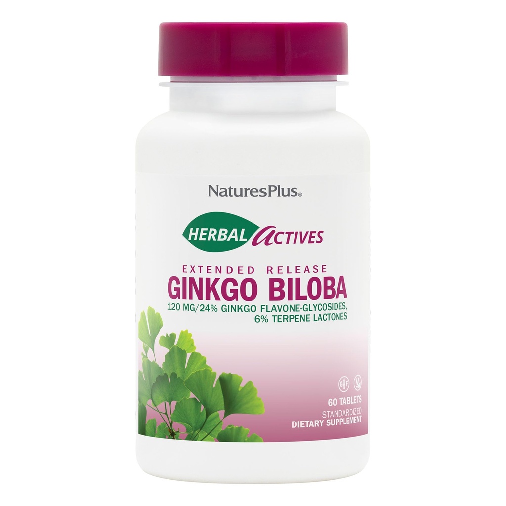 Natures Plus Herbal Actives Ginkgo Biloba, Extended Release - 120 mg, 60 Vegantabletter - Vegetarisk, Glutenfri - 60 Services