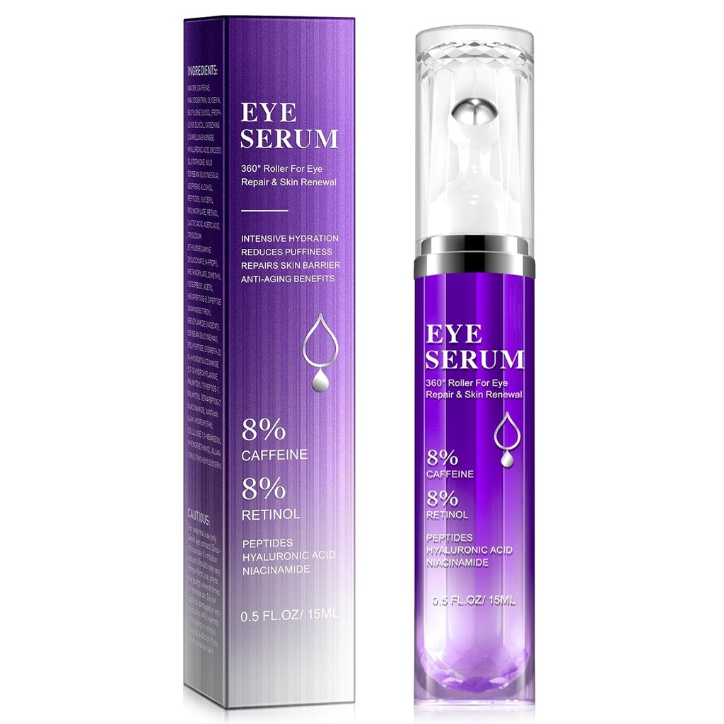 Under Øye Roller Serum - 8% Koffein & 8% Retinol Øyekrem for mørke sirkler, Puffiness og poser, Puffy poser Fine linjer Wrinkles, 360° Massasje Ball Krem, Hyaluronsyre Serum for menn og kvinner
