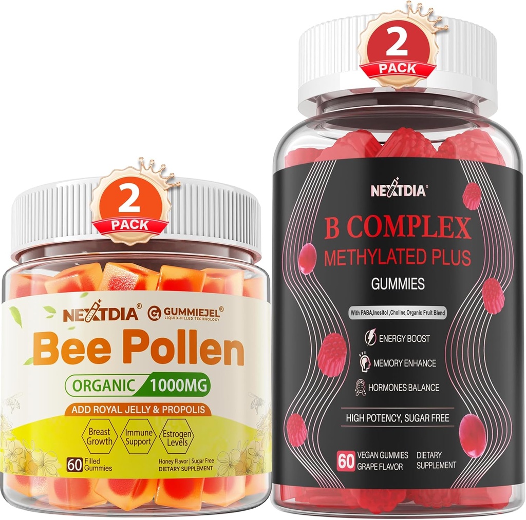 Bee Pollen for brystvekst organisk 1000mg + vegansk super metylert B-vitamin gummier for kvinner