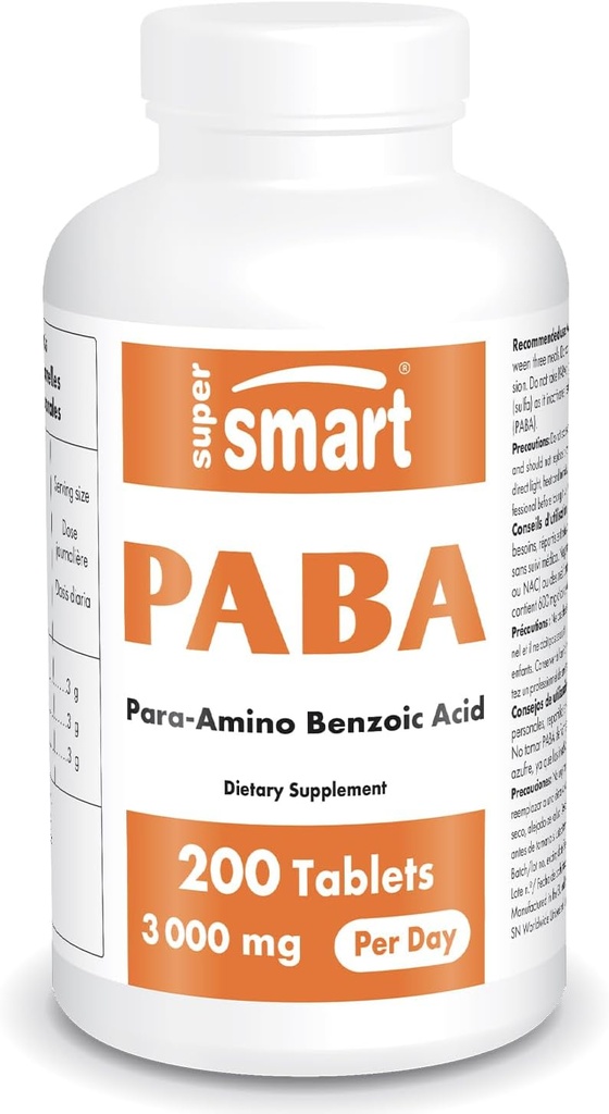 Supersmart - PABA Supplement 3000mg per dag (para-AminoBenzoic Acid) - naturlig B kompleks vitamin - vannløselig PABA | Ikke-GMO & Glutenfri - 200 Tabletter