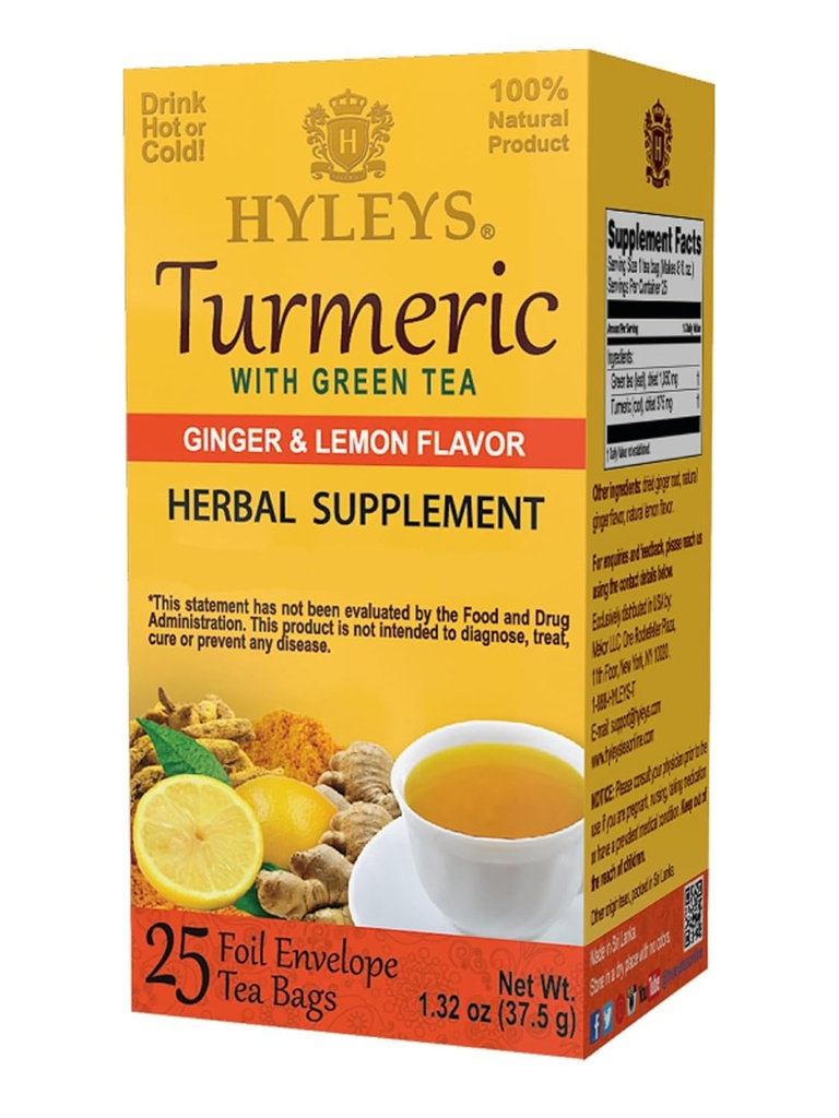 Hyleys Ginger Turmeric Te Lemon Flavor - 25 Teposer (12 Pakke - 300 Teposer Totalt) - Velvære Herbal Supplement Grønn Te